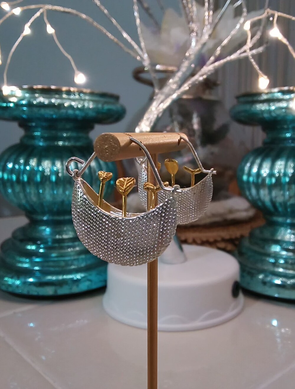 Two tone 'My Little Garden' Flower Pot crescent hoop earrings, 925 SS